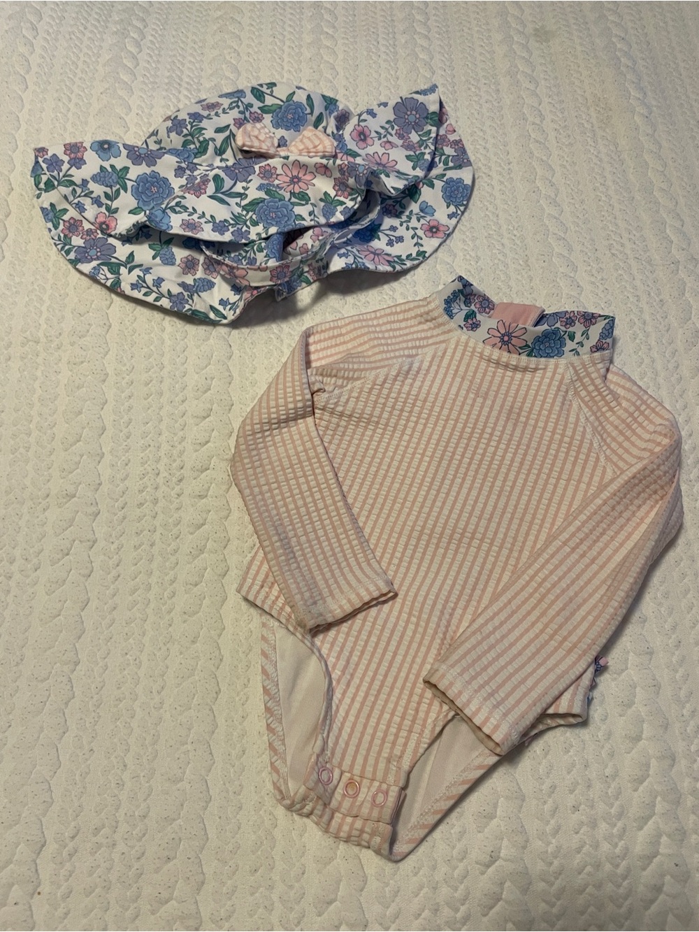 Tommy Bahama Pink and White Striped Baby Rashguard Set with Floral Trim